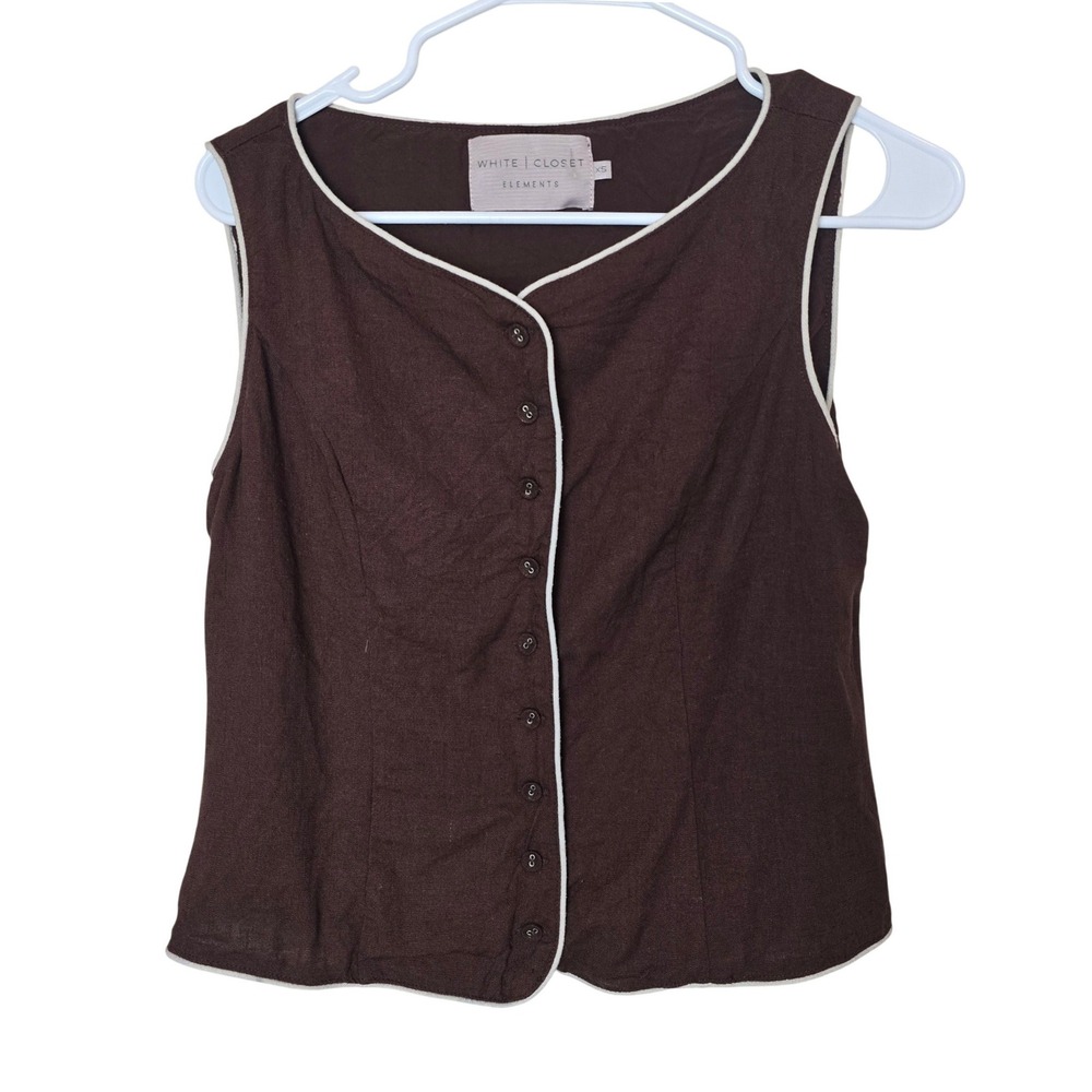 White Closet Elements Brown‎ Linen Blend Contrast Trim Button Front Vest Top XS